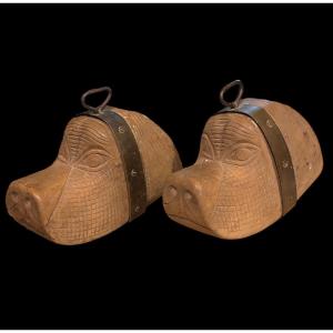 Carved Wooden Stirrups With Dog Heads - Argentina, C. 1920