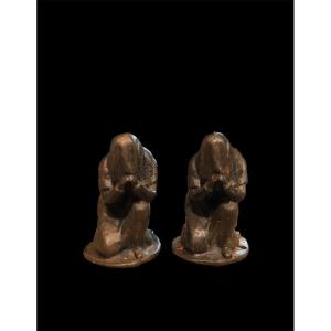 Pair Of Praying And Hooded Men Sculpted In Cast Iron - Spain, C. 1920