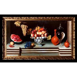 Spanish School (20th Century) - Still Life With Delft Bowl, Bottle And Fruit (in The Style 