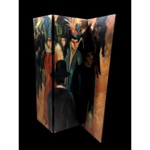 European School (1960s) - Large Painted Screen With Street Scene By Ernst-ludwig Kirchner