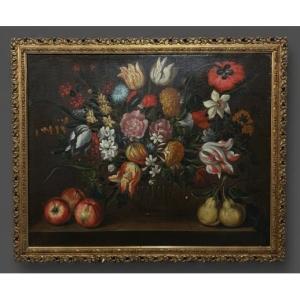 Gabriel De La Corte (1648-1694), Attributed To - Still Life With Basket Of Flowers And Pomegranates