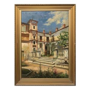 José Fernández Alvarado (1865-1935) - The Great Court Of The Episcopal Palace In Málaga