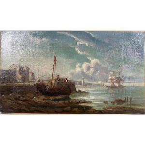 Oil On Canvas, Boats At Anchor In Front Of A City