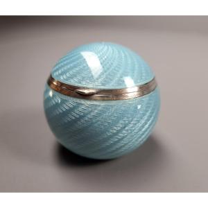 Small Blue Enameled Guilloché Silver Ball Box.