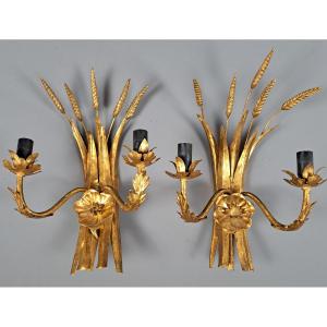 Pair Of Gilded Metal "sheaves Of Wheat" Wall Lights, Circa 1970.