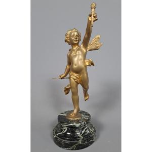 Cupid With A Torch In Gilded Bronze.