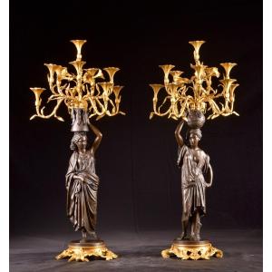 A Large Pair Of Bronze Nubian Orientalist Candelabra By Charles Cumberworth Ca.1850