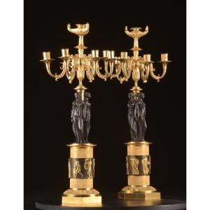 A Large And Rare Pair Of Seven-light Bronze Empire Candelabra With Three Gratiën