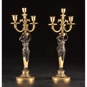 Pair Of Empire Candelabras In Gilt Bronze And Patinated Bronze, Circa 1810