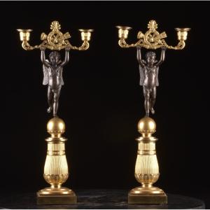 Pair Of Two-light Candelabra In Patinated Bronze And Gilt Bronze
