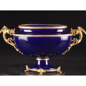 Large Cobalt Blue Ceramic Centerpiece Mounted In Gilt Bronze, Louis XVI Style, France