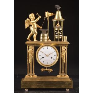 Empire Period Patinated And Fire-gilded Bronze Portico Clock, "cupid The Blacksmith"