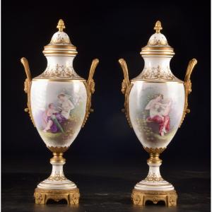 Pair Of Monumental Urns In French Porcelain Mounted In Gilt Bronze, Napoleon III Period