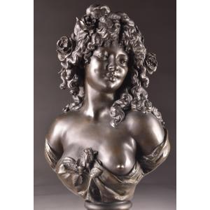Elegant Bacchante Bust In Finely Chased And Patinated Bronze, Signed