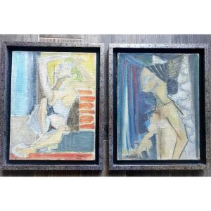 Elisabeth Ronget Poland Cubist Pair Of Nudes On Canvas