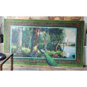 Very Large Painting Composition With Peacocks And Golden Pheasants