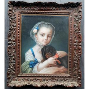 Portrait Of A Young Girl With Her Small Dog, French School, 18th Century