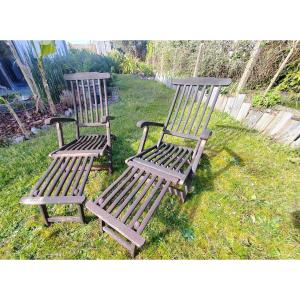 Pair Of Wooden Chaise Longues Armchairs Footrests