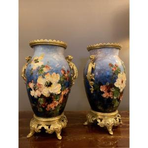 Pair Of Barbotine Montigny Sur Loing Vases / Bronze.