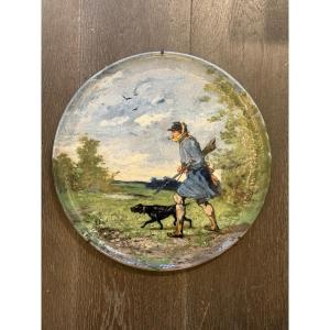 Barbotine Hunter's Dish Signed Bourg La Reine