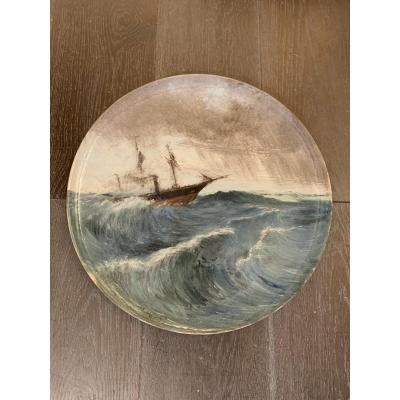 Rare Flat Barbotine Montigny Sur Loing Signed Octave Saunier.