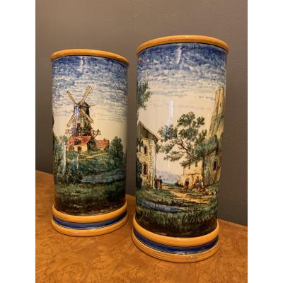 Pair Of Vases In Gien By A. Marois.