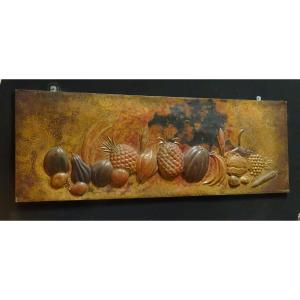 Imposing Embossed Copper Sculpture With Exotic Fruit Decoration, Dated And Signed 1963 Or 83