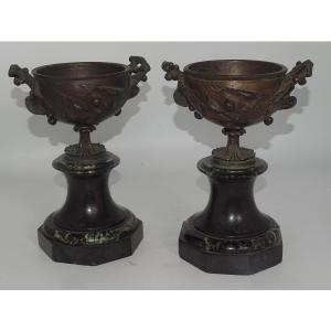 Pair Of Cassolettes, Cups On Bronze Pedestals, Marble Column Bases, 19th Century