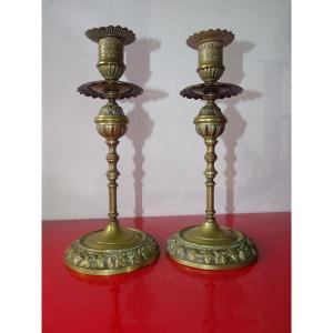 Pair Of 19th Century Napoleon III Candlesticks In Bronze And Brass