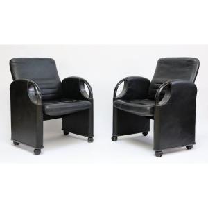 Giotto Stoppino, Pair Of Black Leather Armchairs On Casters, 1970