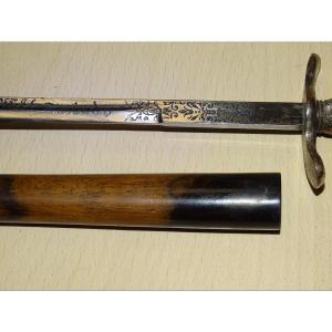 Toledo Virtue Dagger Or Other, Engraved Blade, Silvered Bronze Handle