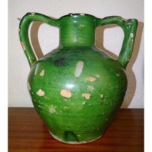 Antique Terracotta Water Jug, Glazed Green, Southern France, 19th Century