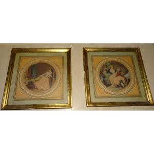 2 19th Century Engravings, G.schlumberger, Fragonard, Gilded Frames