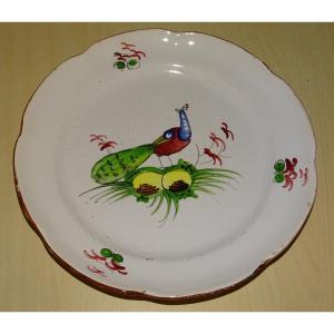 Les Islettes. Earthenware Plate With Polychrome Peacock Design, 18th-19th Century