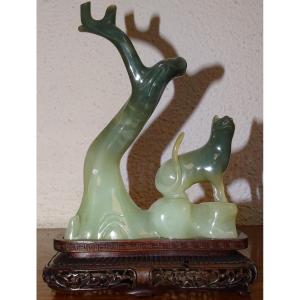 Antique Jade Sculpture, Cat On The Prowl, 19th Century, China