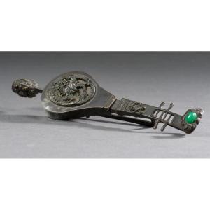 19th Century Chinese Bronze Lute Lock, Key With Dragon And Phoenix Motif