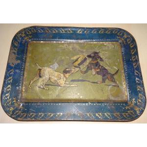 Painted Tin Tray Decorated With Playing Dogs, Early 20th Century