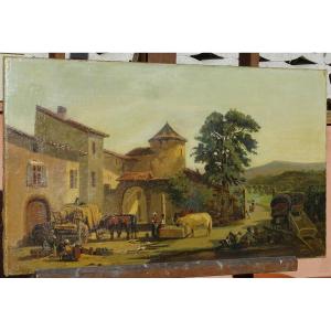19th Century Painting, Animated Farmyard Scene, Oil On Canvas, Poultry And People