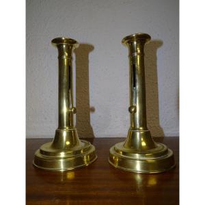 Antique Pair Of Brass Push Candle Holders 19th Century