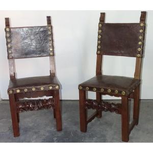 Pair Of Louis XIII Renaissance Chairs, 17th Century, Leather And Bronze Nails