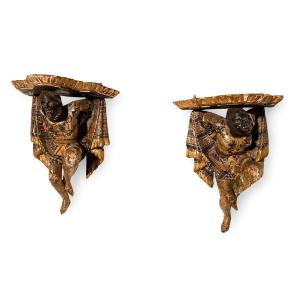 Pair Of Wall Brackets With Polychrome And Gilded Decoration, Venetian Work Of The 19th Century