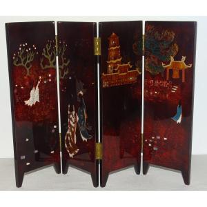 Tranha (tran Van Ha) 4-panel Lacquer And Eggshell Screen, Vietnam