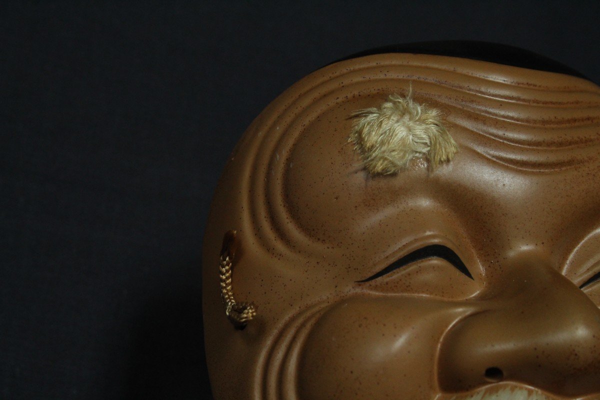 Maschera vintage giapponese, Okina, teatro Noh, ceramica da Osaka-photo-2