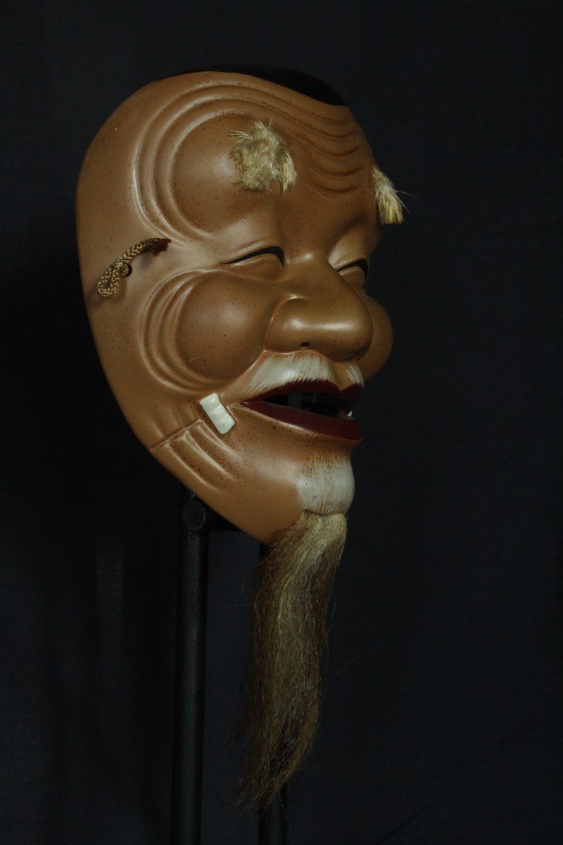 Maschera vintage giapponese, Okina, teatro Noh, ceramica da Osaka
