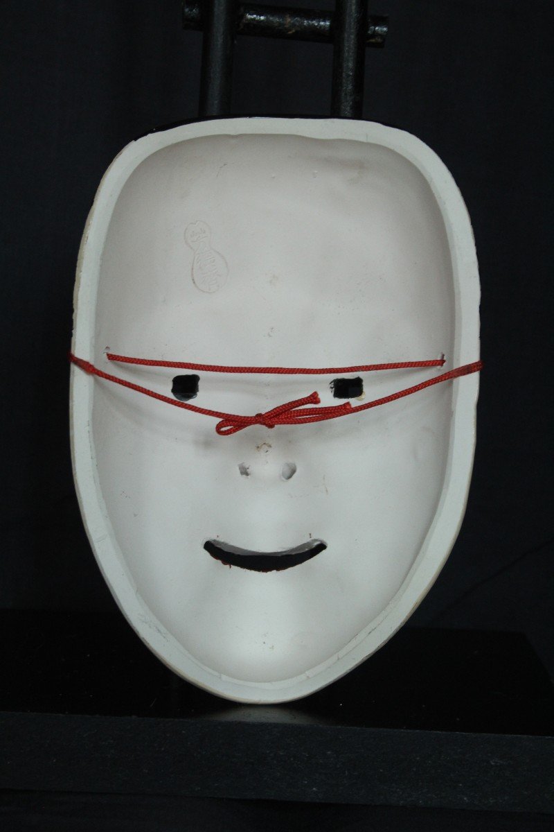 Maschera vintage giapponese, Otoko, teatro Noh, firmato, ceramica di Osaka-photo-3