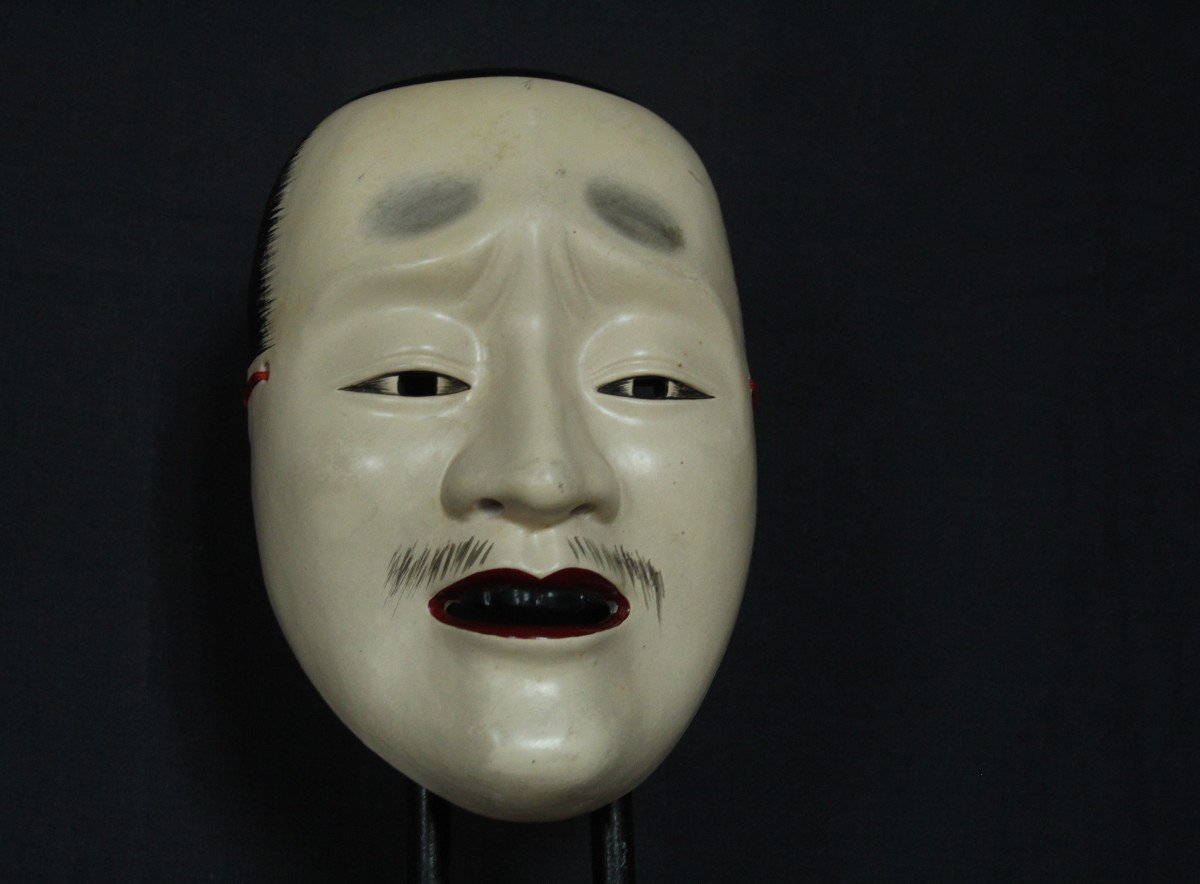 Maschera vintage giapponese, Otoko, teatro Noh, firmato, ceramica di Osaka