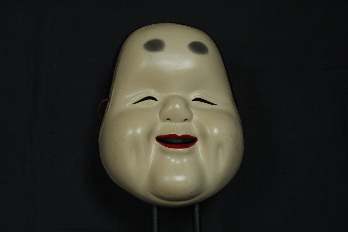 Maschera vintage giapponese, Kagura OKAME (お亀), teatro Noh, ceramica di Osaka