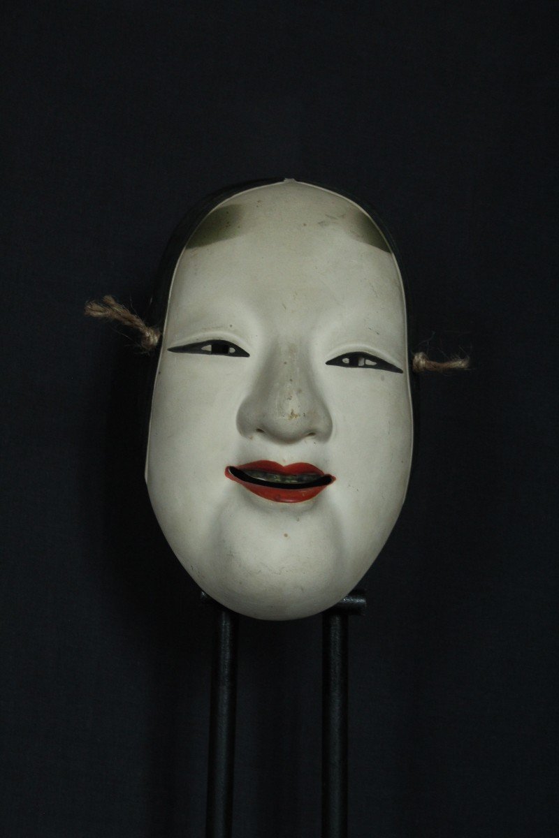 Maschera giapponese, Onna 若女 firmata, teatro Noh vintage, ceramica da Osaka-photo-2