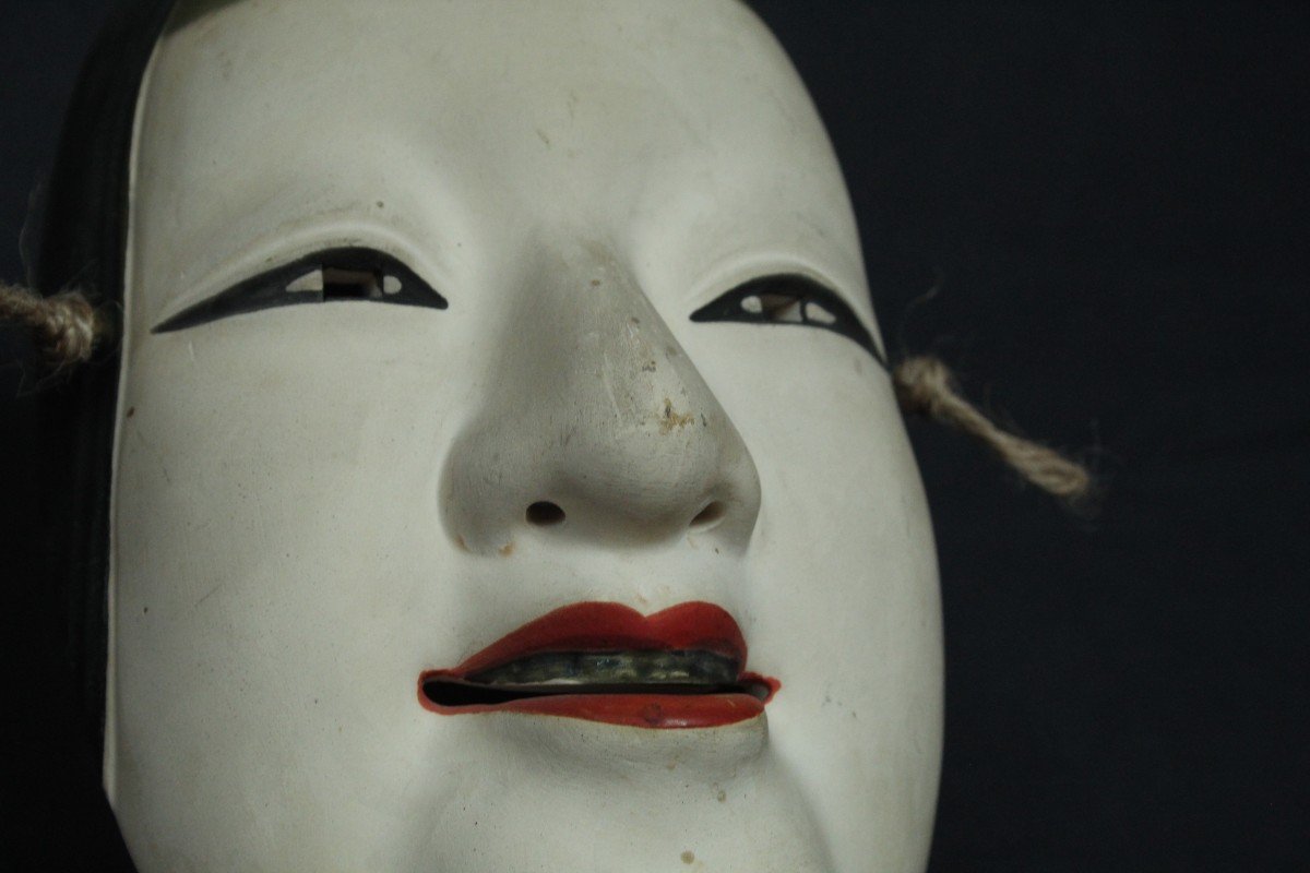 Maschera giapponese, Onna 若女 firmata, teatro Noh vintage, ceramica da Osaka-photo-3