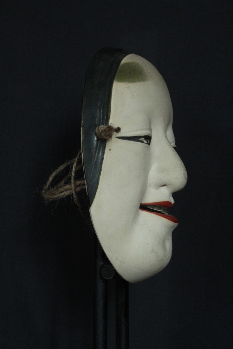 Maschera giapponese, Onna 若女 firmata, teatro Noh vintage, ceramica da Osaka-photo-4